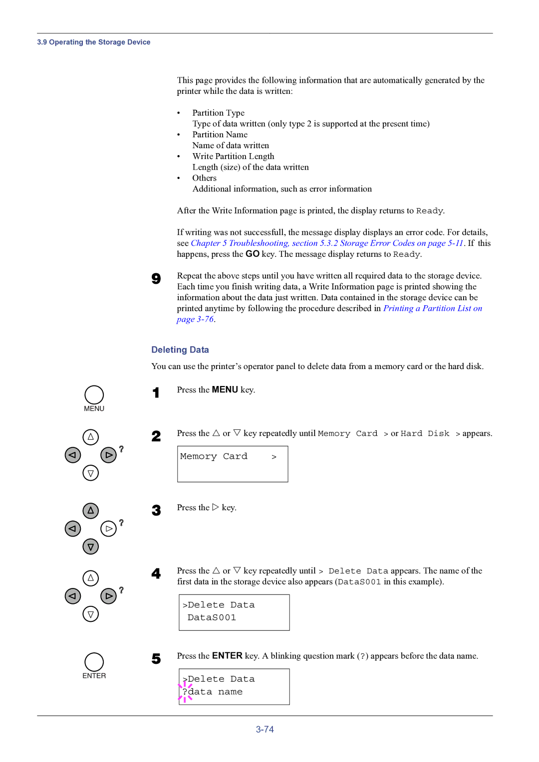 HP FS-8000C manual Delete Data DataS001, Delete Data ?data name, Deleting Data 