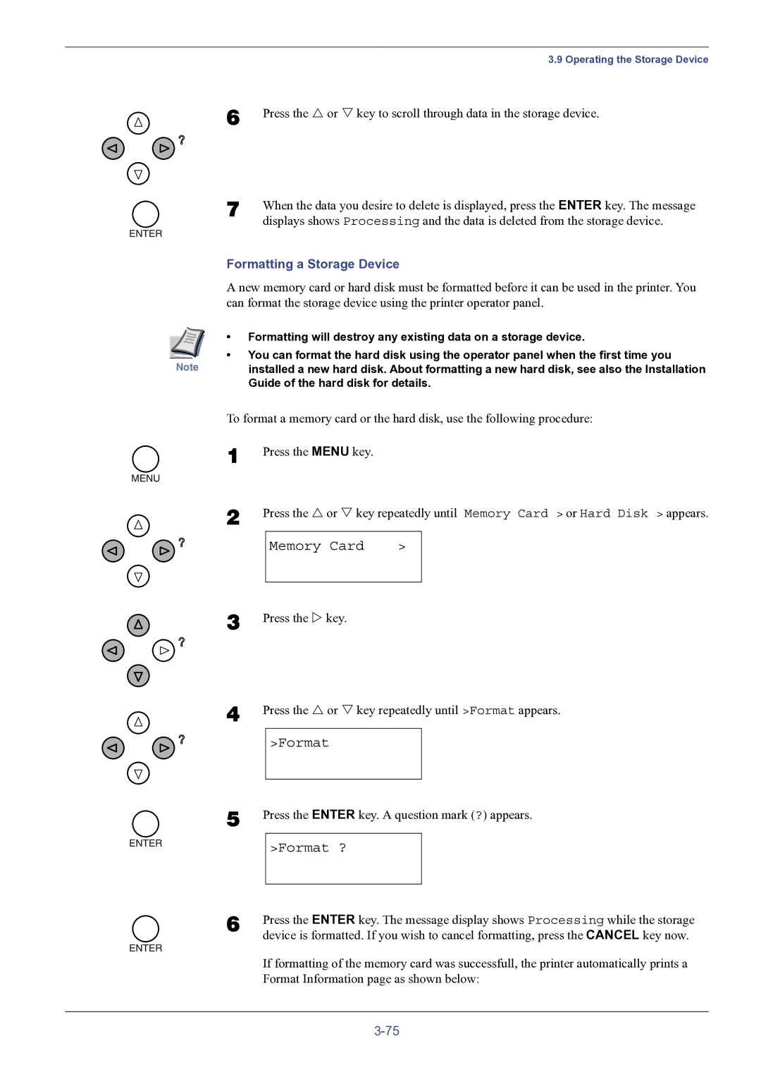 HP FS-8000C manual Format ?, Formatting a Storage Device, Guide of the hard disk for details 