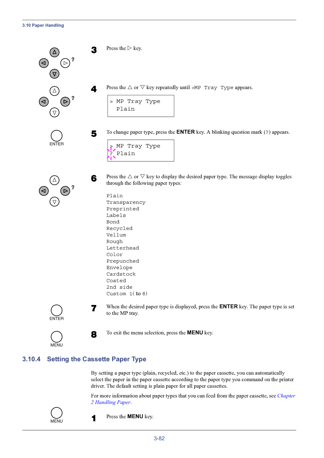 HP FS-8000C manual Setting the Cassette Paper Type, MP Tray Type Plain, MP Tray Type ? Plain 