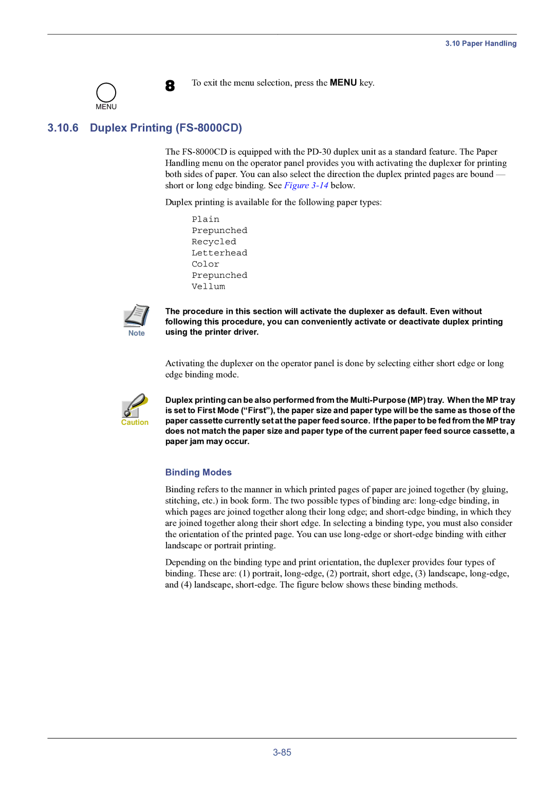 HP manual Duplex Printing FS-8000CD, Binding Modes, Using the printer driver, Paper jam may occur 