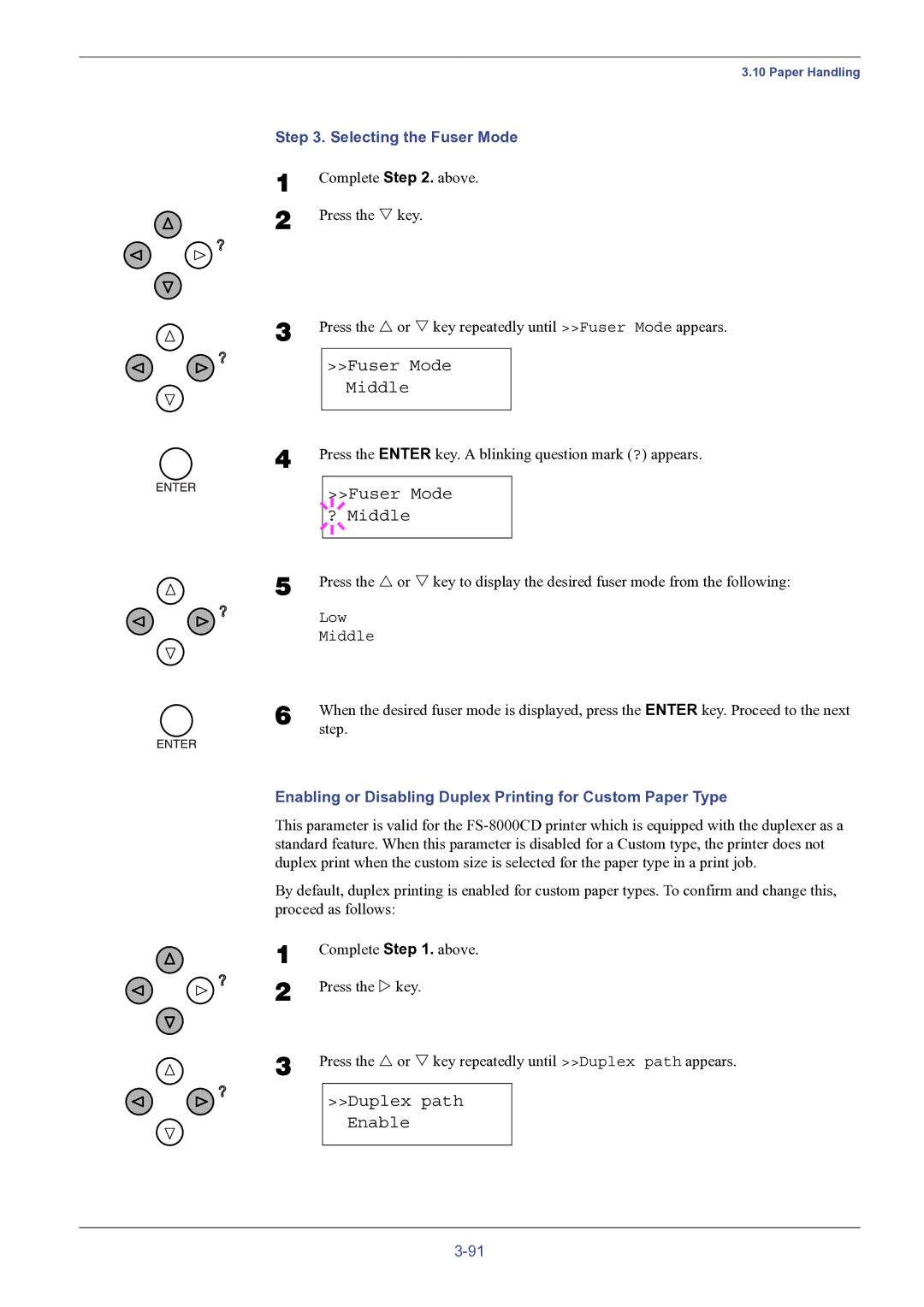 HP FS-8000C manual Fuser Mode Middle, Fuser Mode ? Middle, Duplex path Enable, Selecting the Fuser Mode 