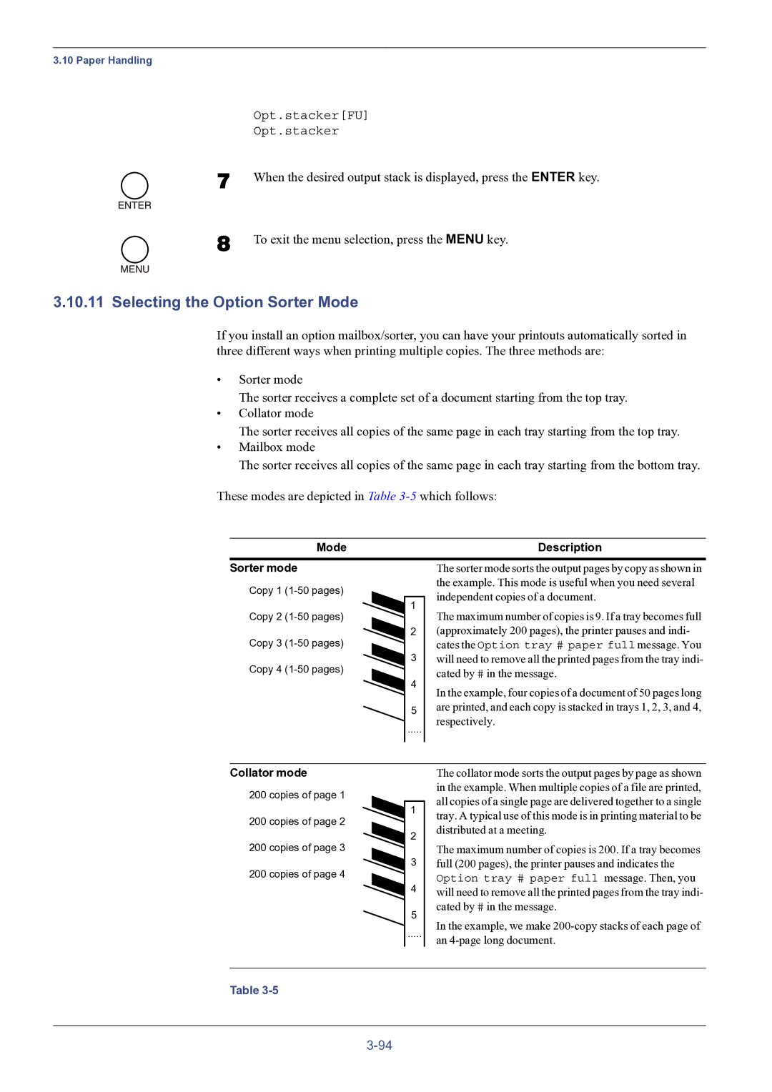 HP FS-8000C manual Selecting the Option Sorter Mode, Mode Description Sorter mode, Collator mode 