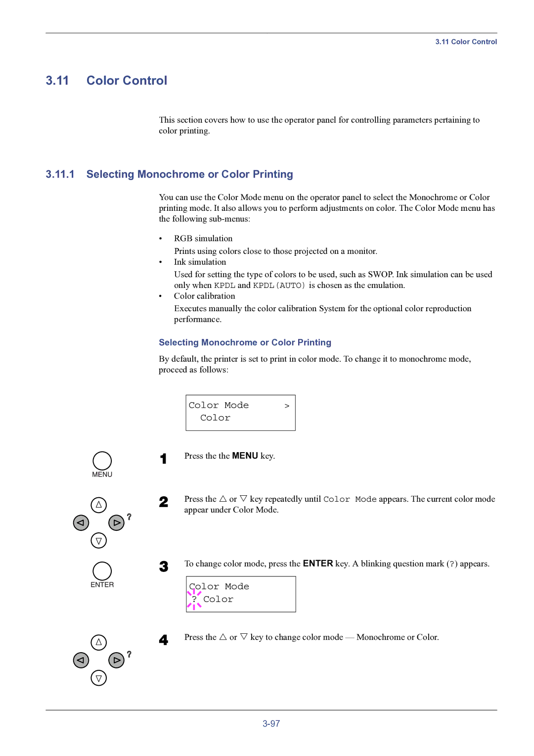 HP FS-8000C manual Color Control, Selecting Monochrome or Color Printing, Color Mode ? Color 