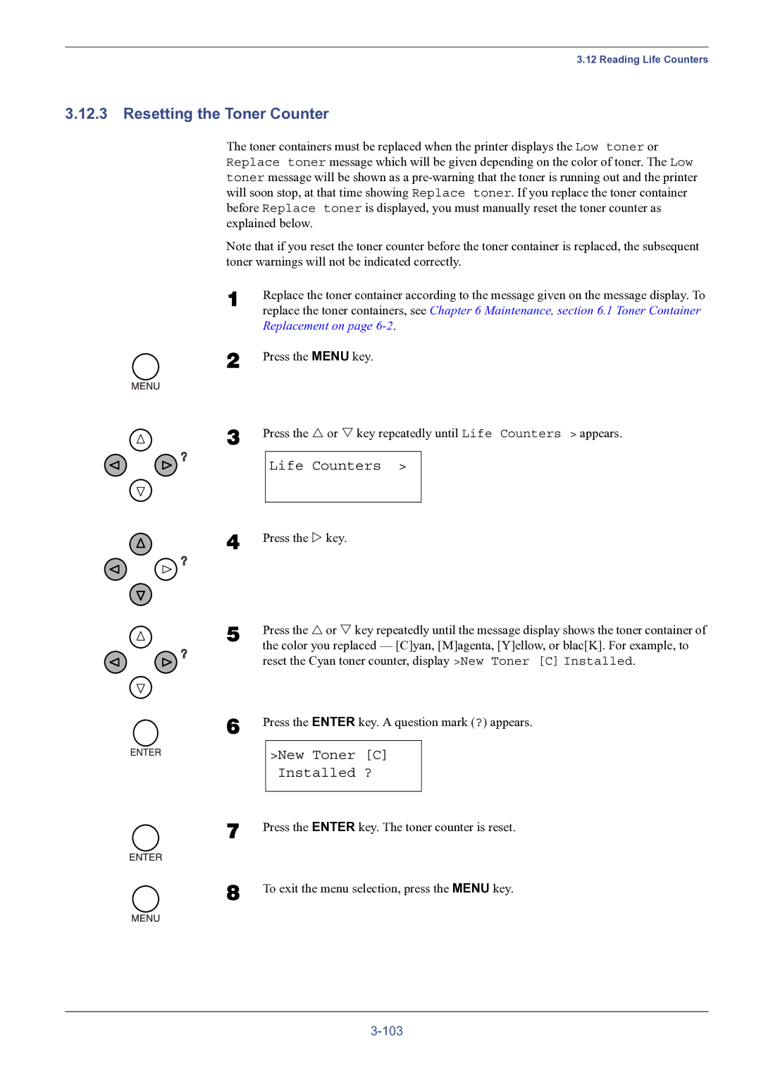 HP FS-8000C manual Resetting the Toner Counter, New Toner C Installed ? 