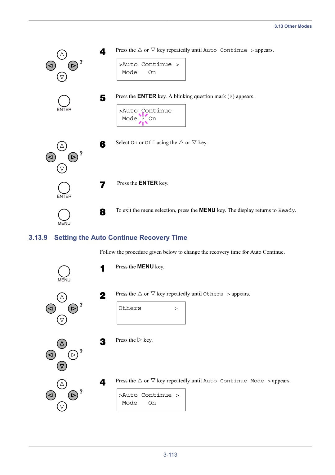 HP FS-8000C manual Setting the Auto Continue Recovery Time, Auto Continue Mode On, Auto Continue Mode ? On 