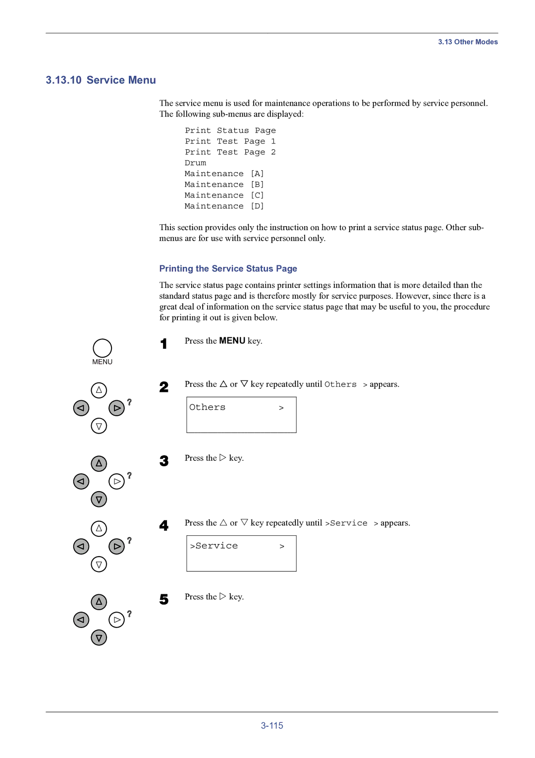 HP FS-8000C manual Service Menu, Printing the Service Status 