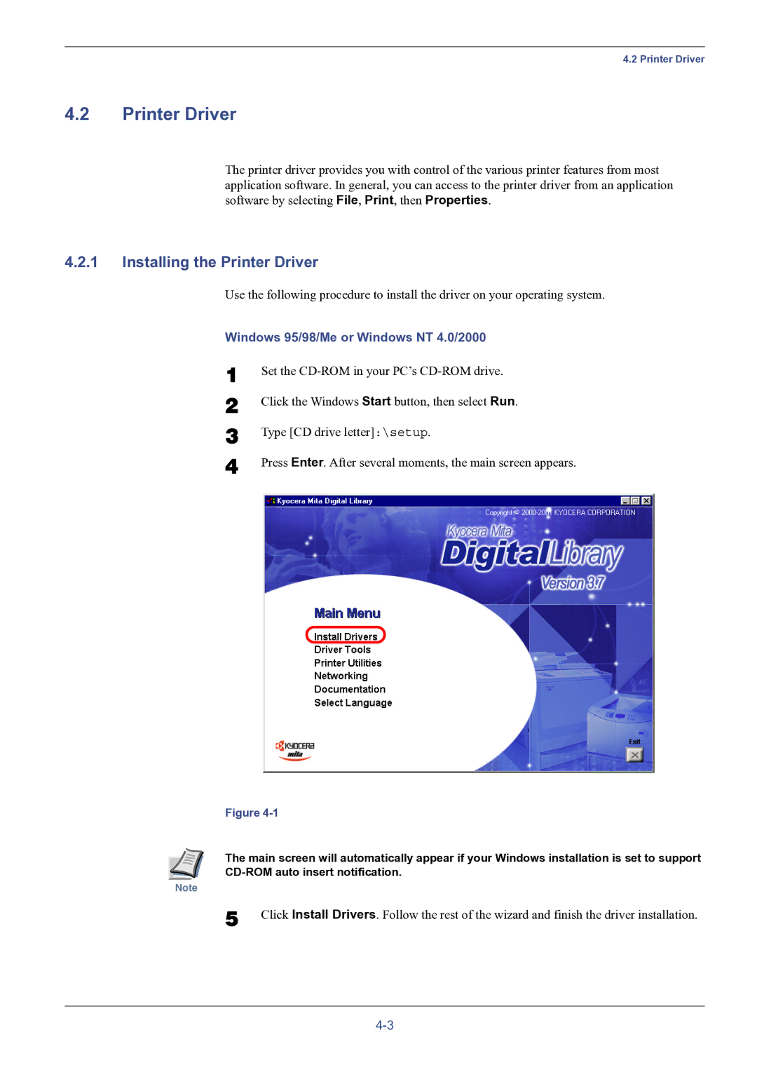 HP FS-8000C manual Installing the Printer Driver, Windows 95/98/Me or Windows NT 4.0/2000 