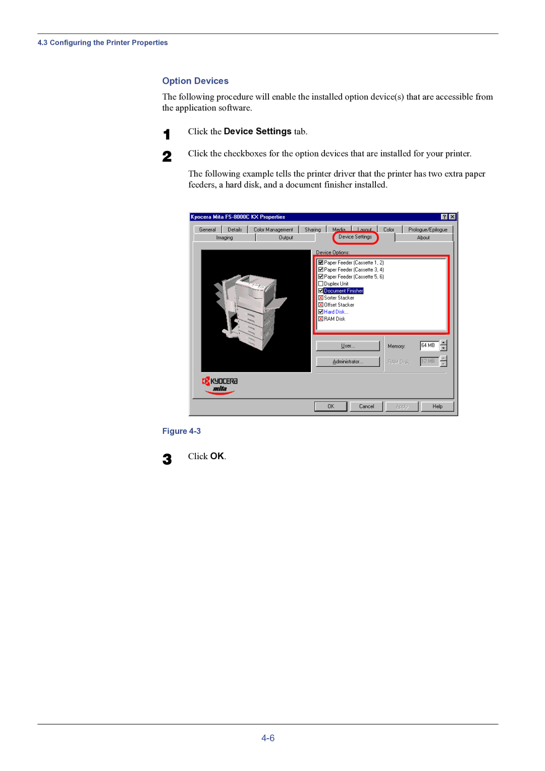 HP FS-8000C manual Option Devices, Click the Device Settings tab 