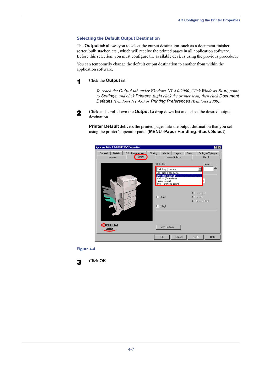 HP FS-8000C manual Selecting the Default Output Destination, Defaults Windows NT 4.0 or Printing Preferences Windows 