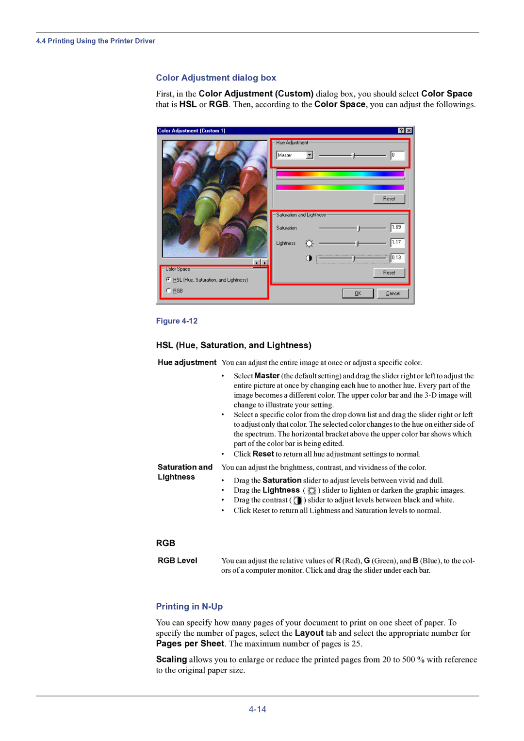 HP FS-8000C manual Color Adjustment dialog box, Printing in N-Up, Saturation and Lightness, RGB Level 