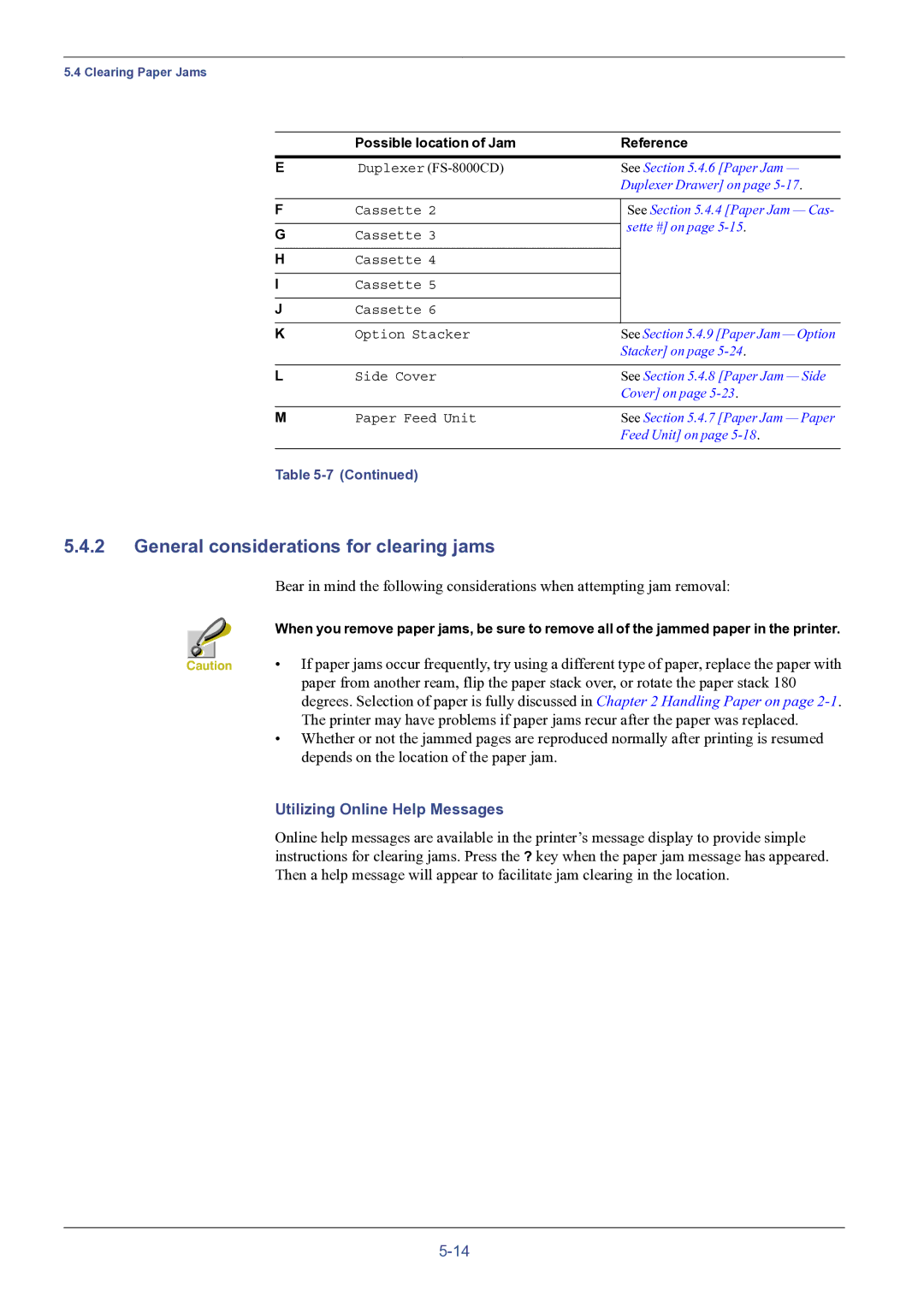 HP FS-8000C manual General considerations for clearing jams, Utilizing Online Help Messages 