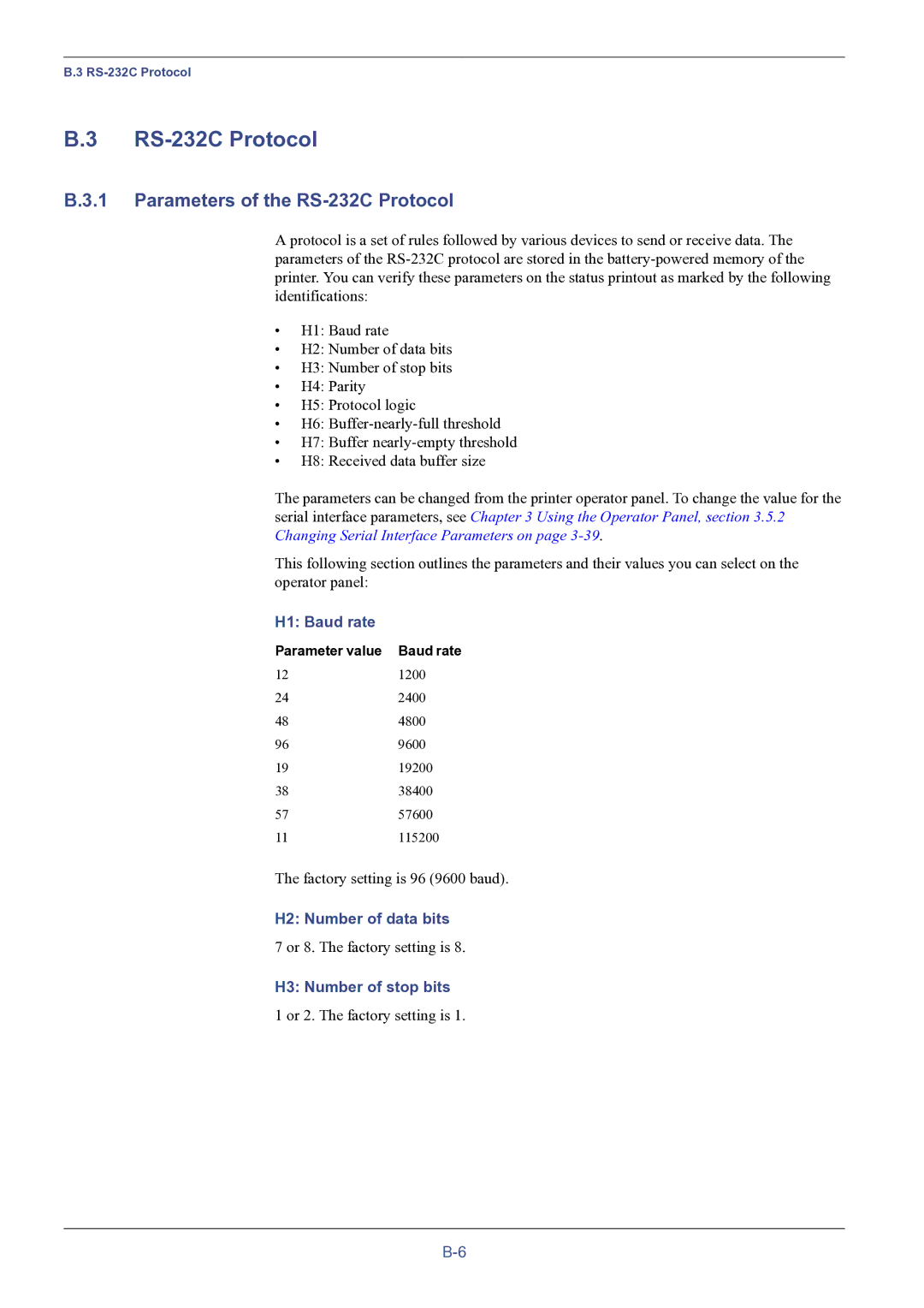 HP FS-8000C manual Parameters of the RS-232C Protocol, H1 Baud rate, H2 Number of data bits, H3 Number of stop bits 