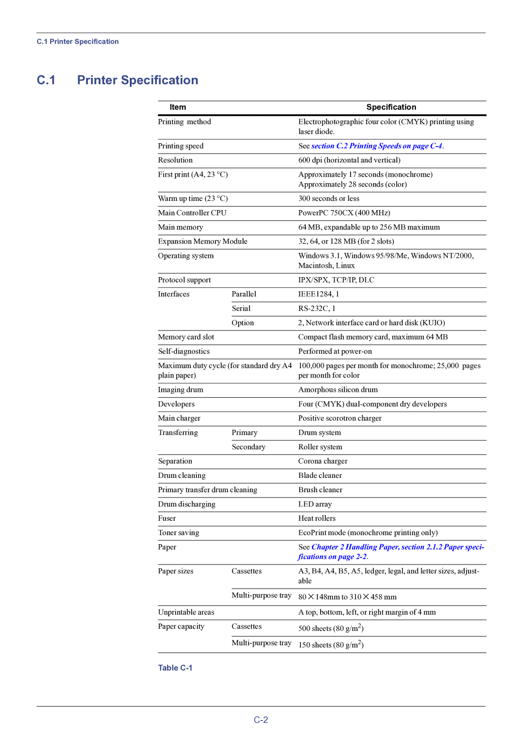 HP FS-8000C manual Printer Specification 