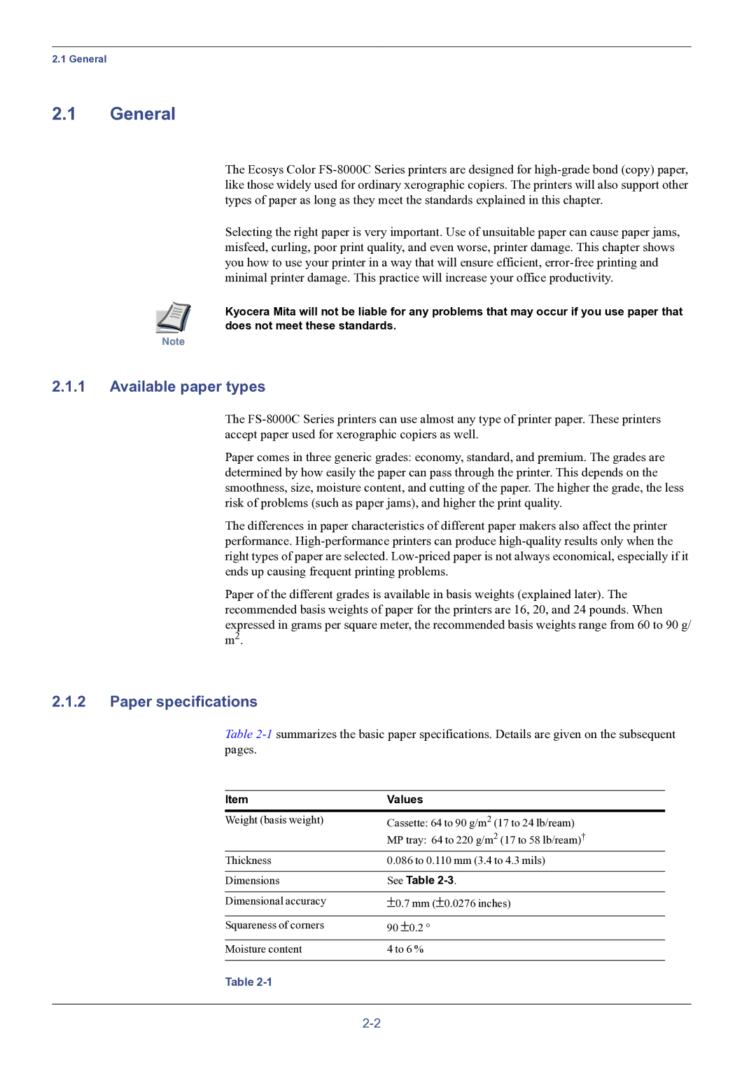 HP FS-8000C manual General, Available paper types, Paper specifications, Values, See Table 