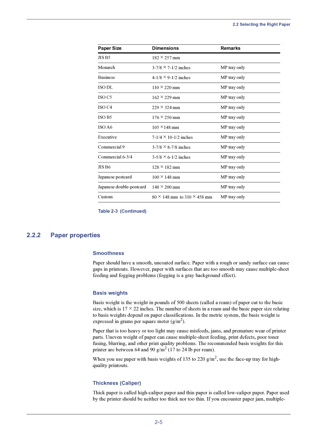 HP FS-8000C manual Paper properties, Smoothness, Basis weights, Thickness Caliper 