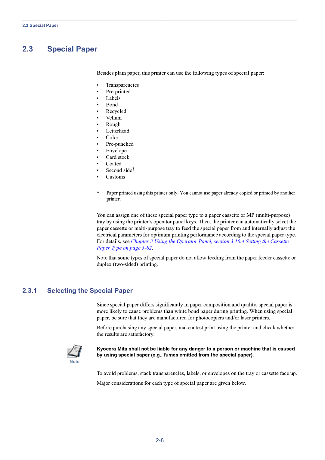 HP FS-8000C manual Selecting the Special Paper 