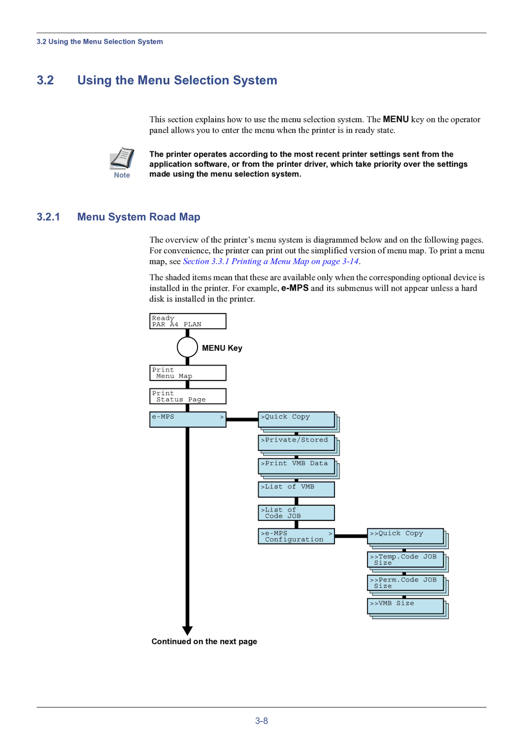 HP FS-8000C manual Using the Menu Selection System, Menu System Road Map, Made using the menu selection system, Menu Key 