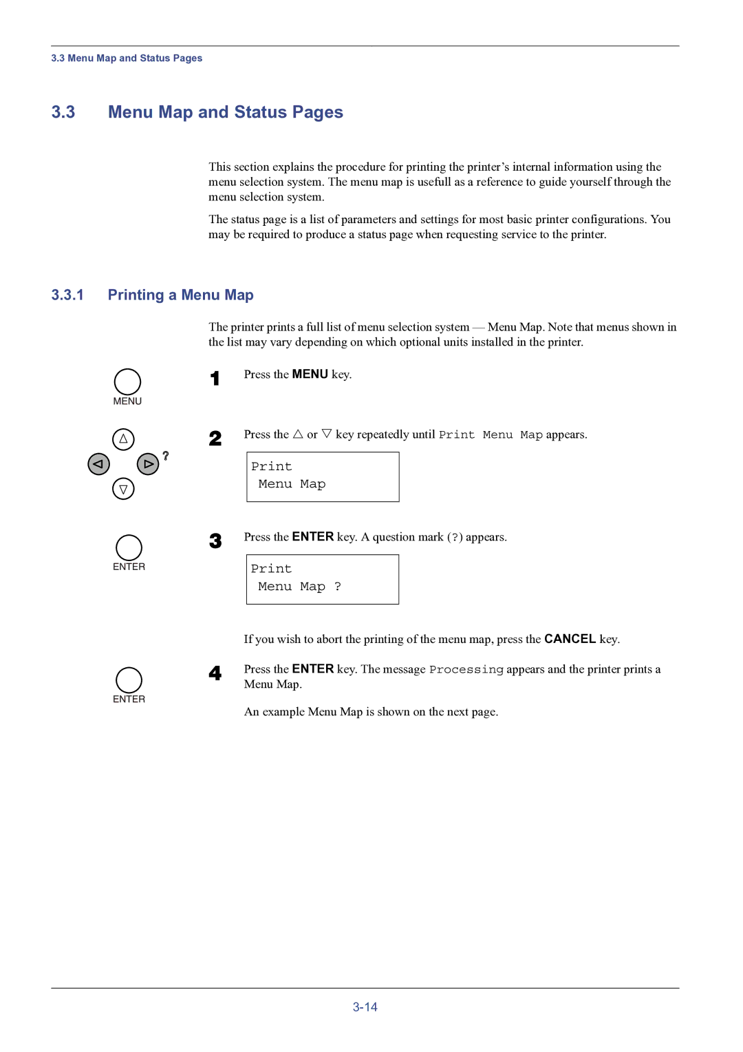 HP FS-8000C manual Menu Map and Status Pages, Printing a Menu Map, Print Menu Map ? 