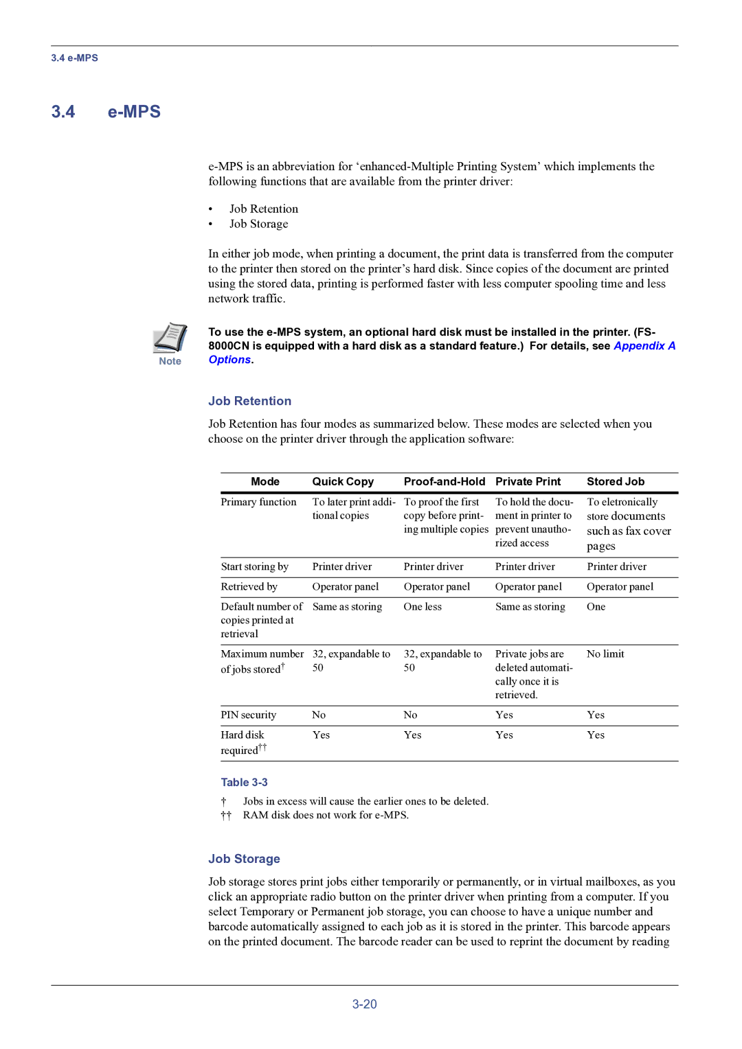 HP FS-8000C manual Mps, Job Retention, Job Storage, Mode Quick Copy Proof-and-Hold Private Print Stored Job 