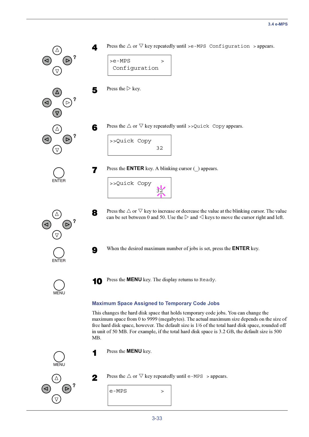 HP FS-8000C manual MPS Configuration, Quick Copy, Maximum Space Assigned to Temporary Code Jobs 