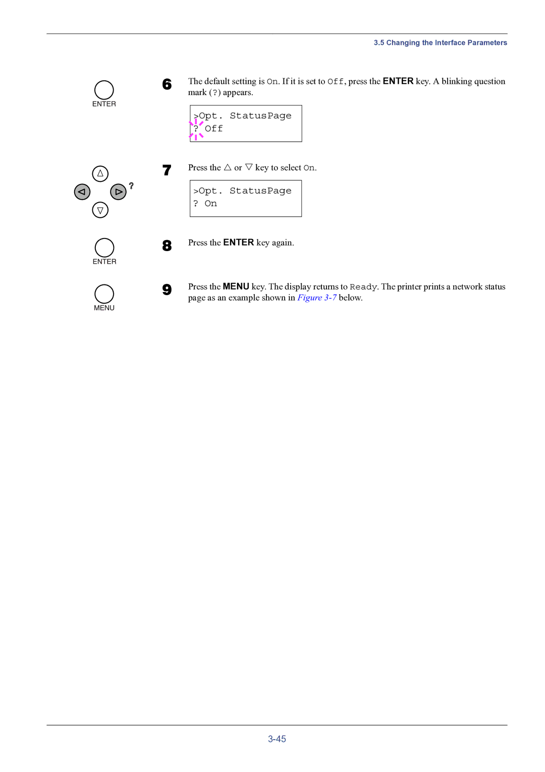 HP FS-8000C manual Opt. StatusPage ? Off, Opt. StatusPage ? On 