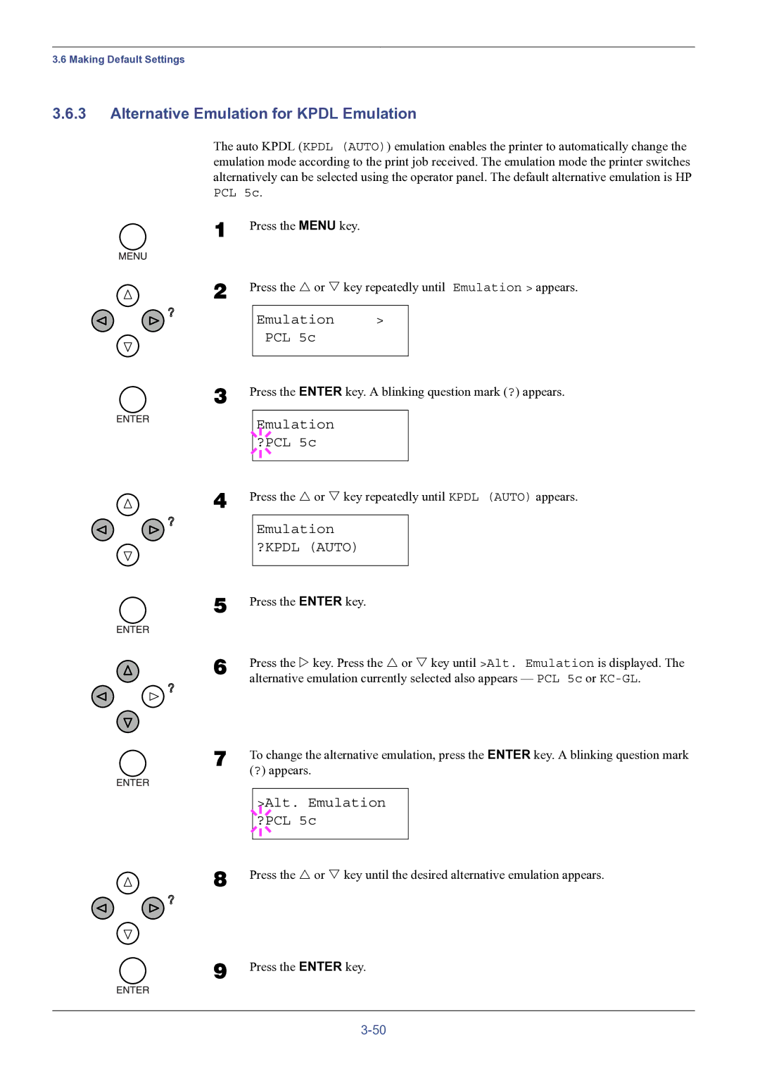 HP FS-8000C manual Alternative Emulation for Kpdl Emulation, Emulation PCL 5c, Alt. Emulation ?PCL 5c 