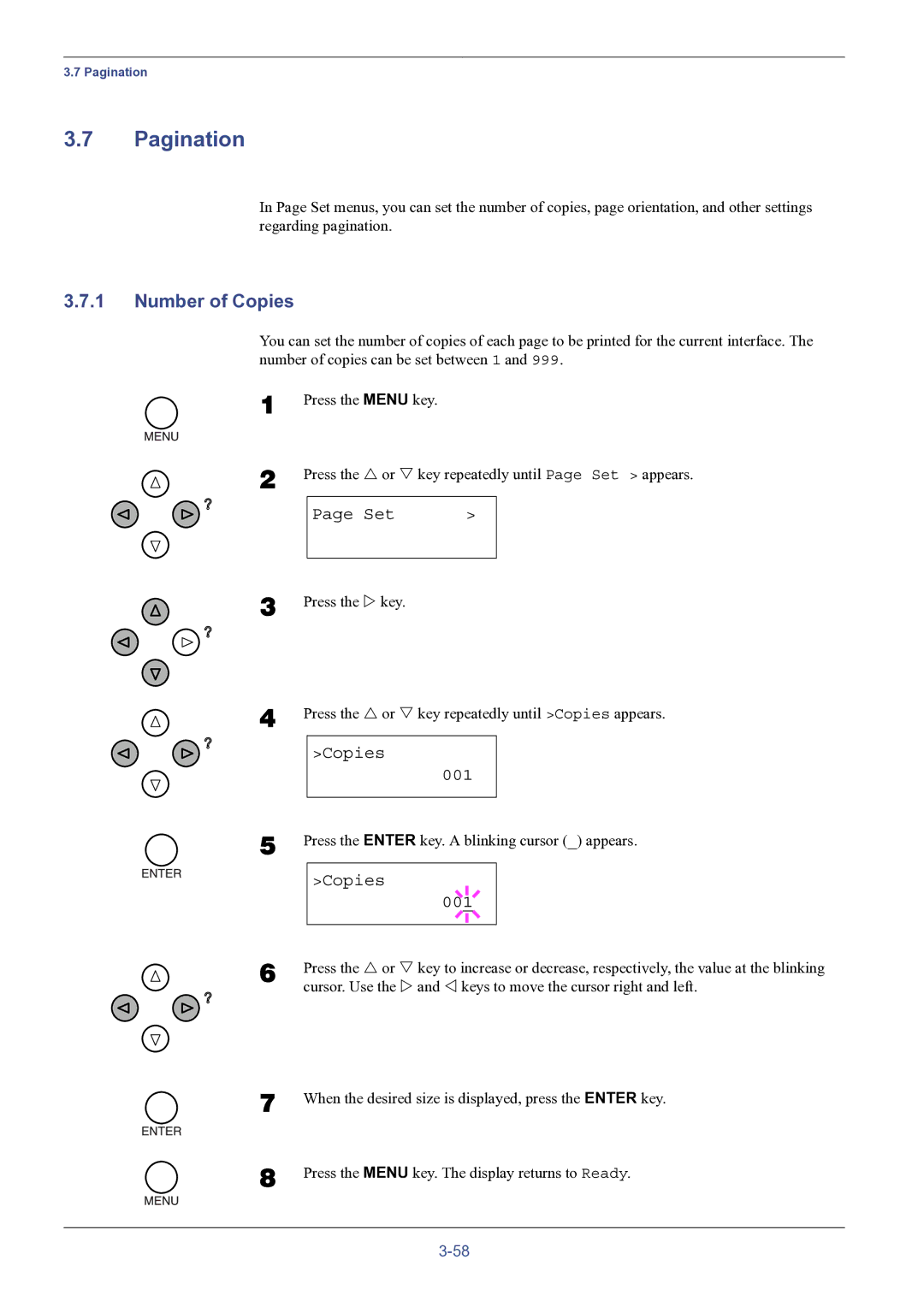 HP FS-8000C manual Pagination, Number of Copies, Set, Copies 001 