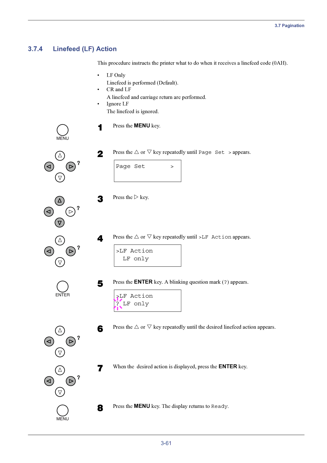 HP FS-8000C manual Linefeed LF Action, LF Action LF only, LF Action ? LF only 