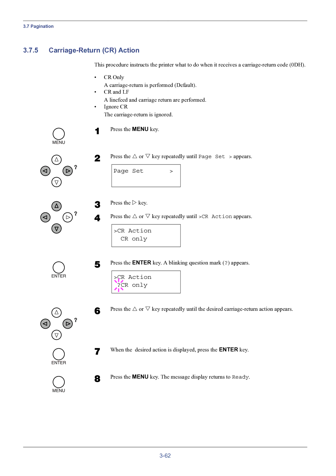 HP FS-8000C manual Carriage-Return CR Action, CR Action CR only, CR Action ?CR only 