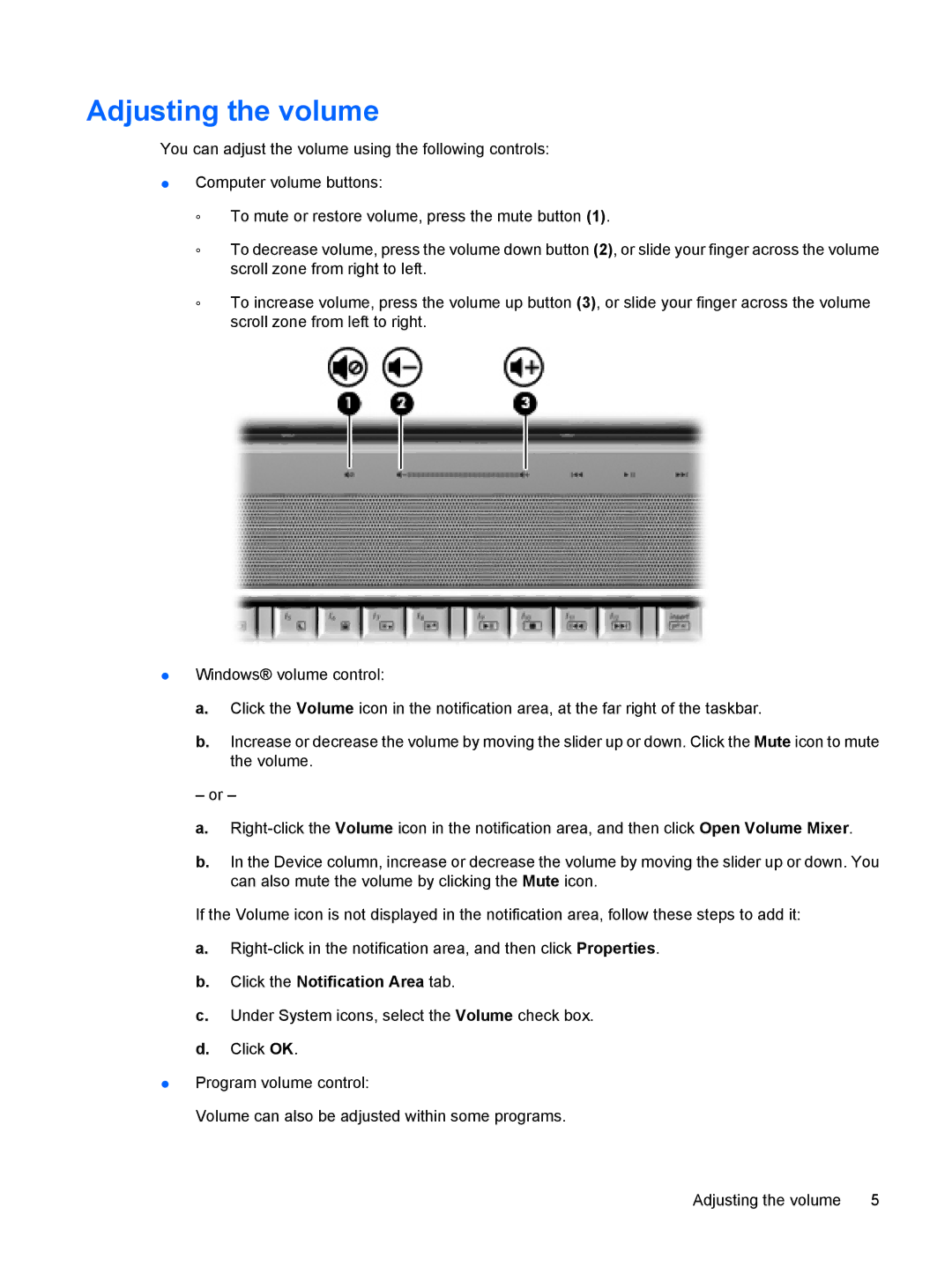 HP dv5-1150us, FS026UA manual Adjusting the volume, Click the Notification Area tab 