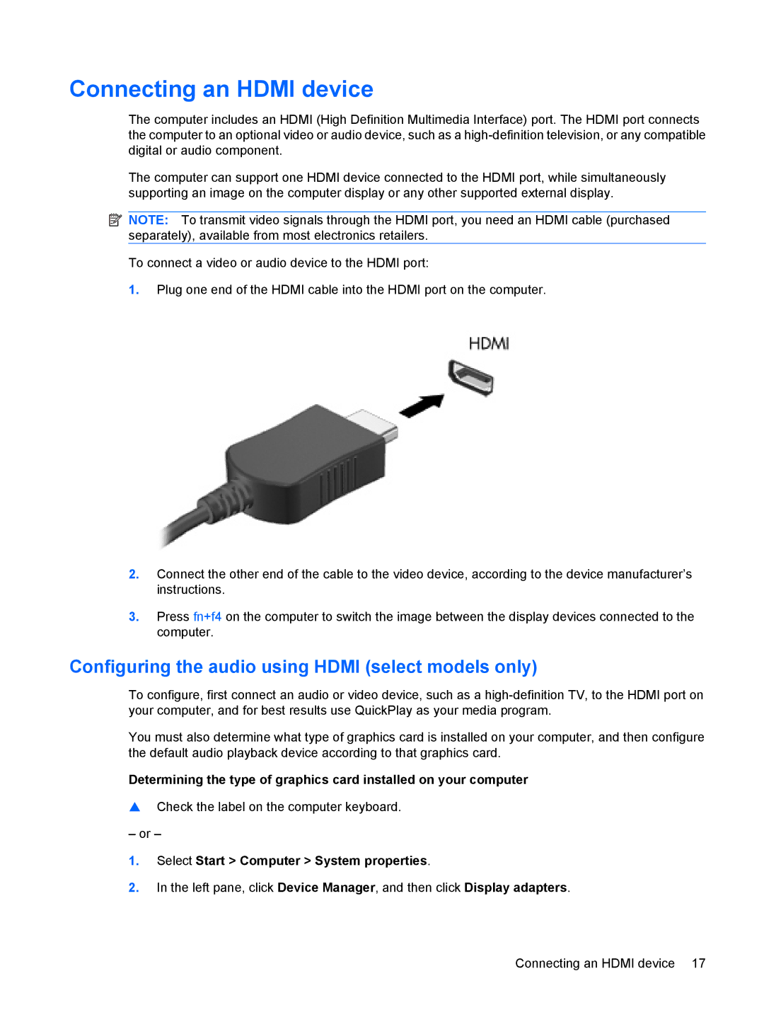 HP dv5-1150us, FS026UA manual Connecting an Hdmi device, Configuring the audio using Hdmi select models only 