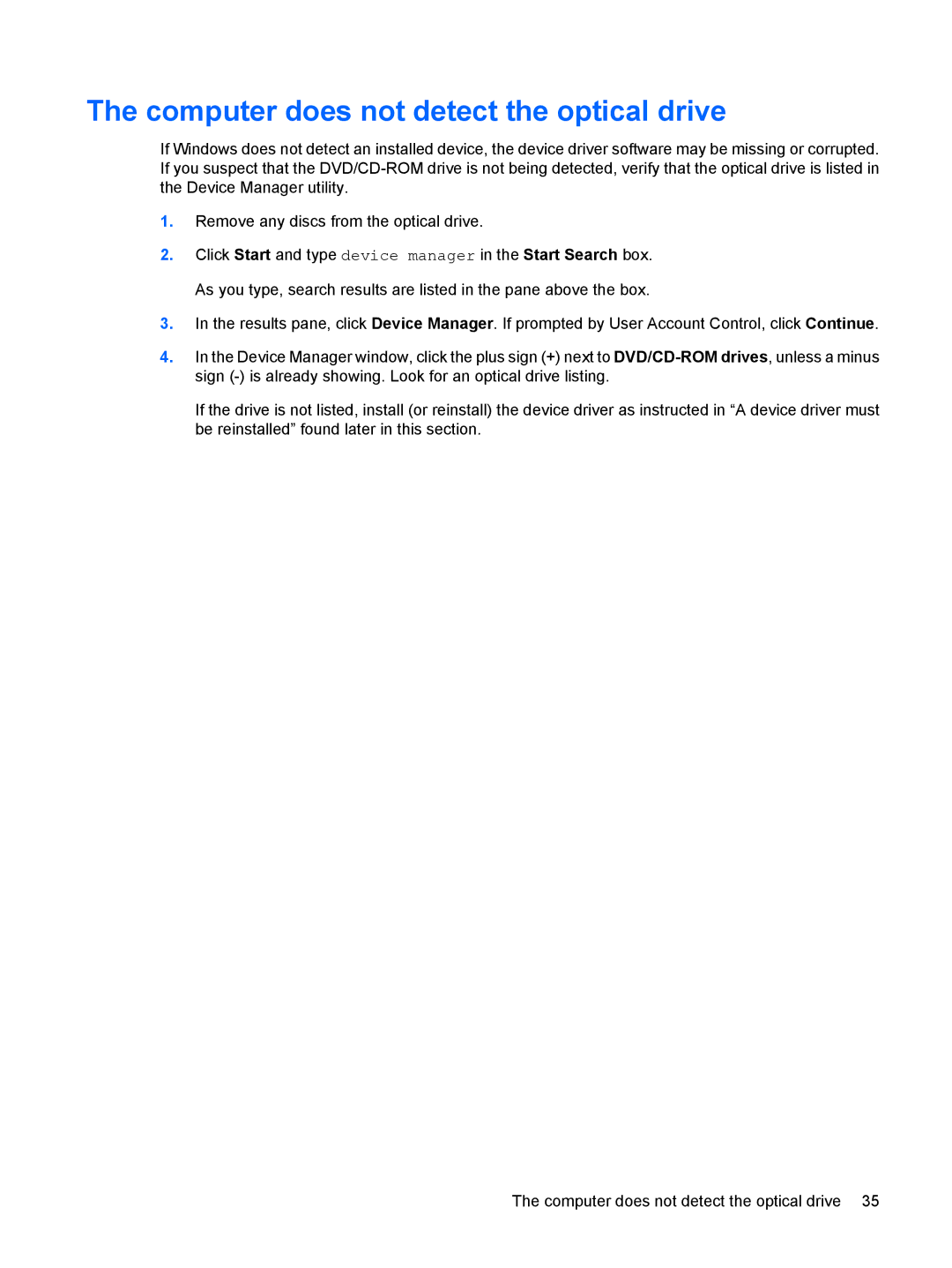 HP dv5-1150us, FS026UA manual Computer does not detect the optical drive 