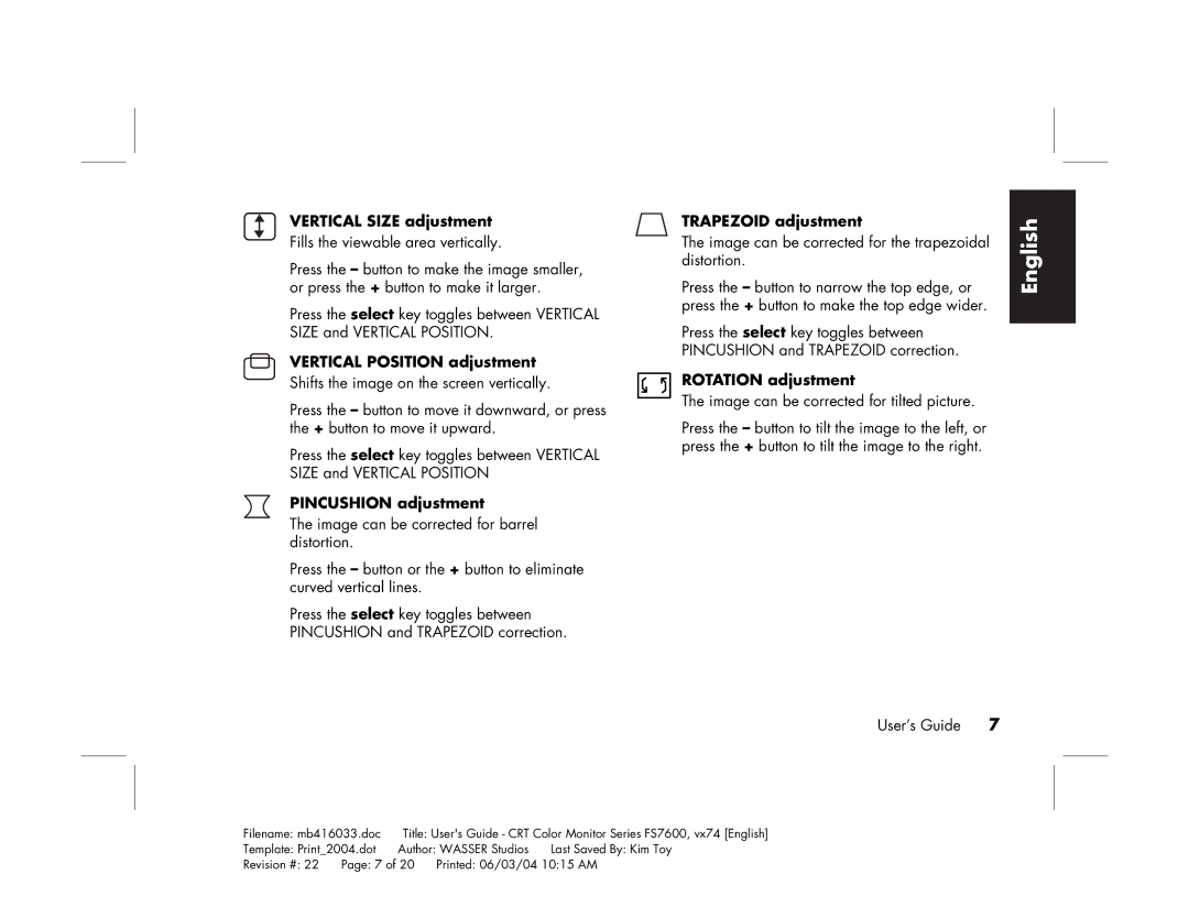 HP FS7600 manual Vertical Size adjustment, Vertical Position adjustment, Pincushion adjustment, Trapezoid adjustment 