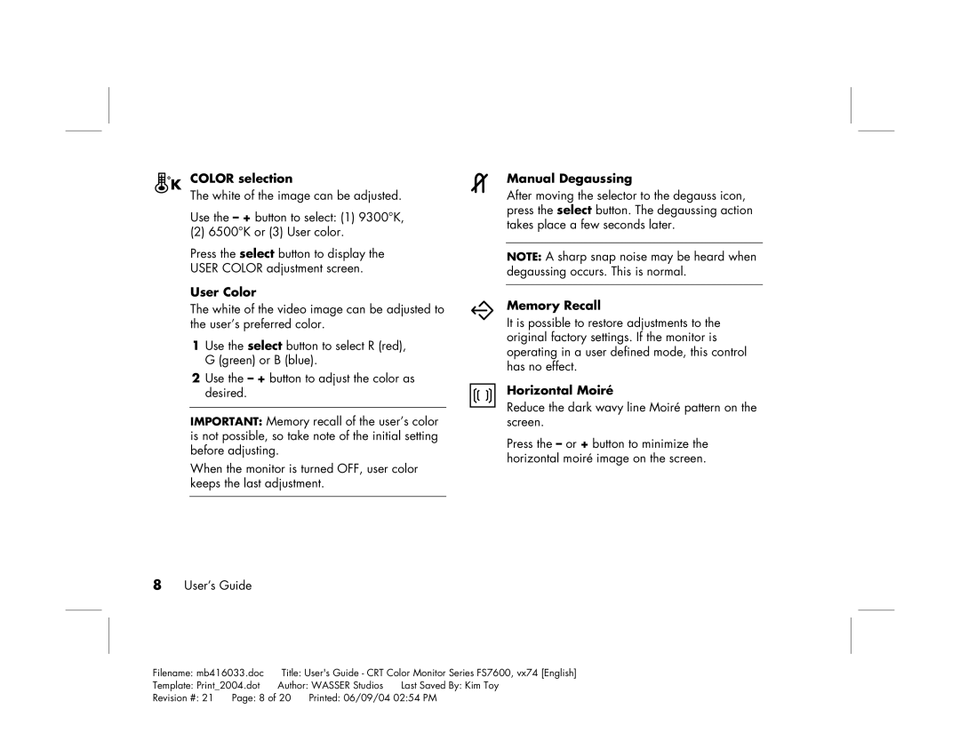 HP FS7600 manual Color selection, User Color, Manual Degaussing, Memory Recall, Horizontal Moiré 