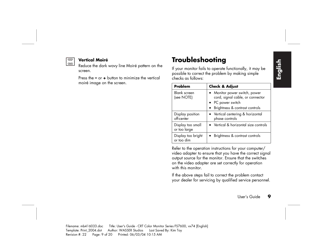 HP FS7600 manual Troubleshooting, Vertical Moiré 