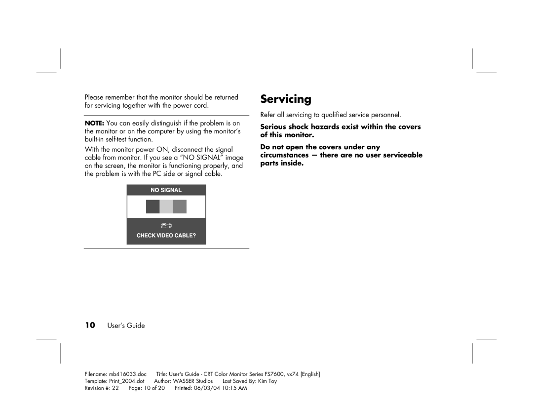 HP FS7600 manual Servicing 