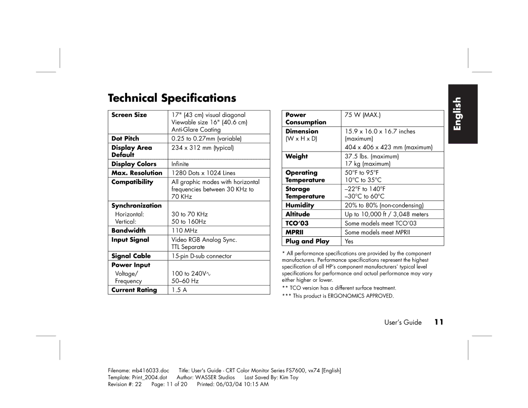 HP FS7600 manual Technical Specifications, Mprii 