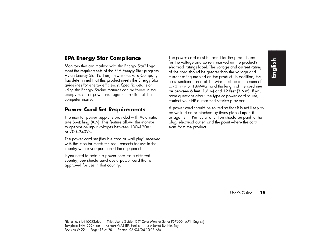 HP FS7600 manual EPA Energy Star Compliance, Power Cord Set Requirements 