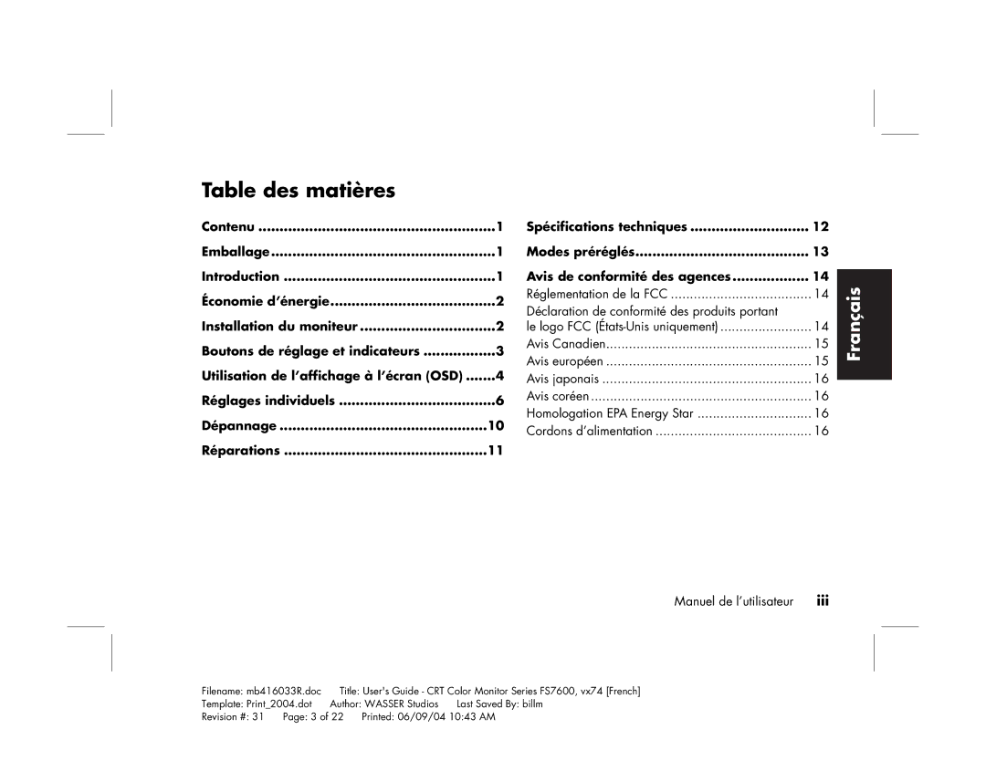 HP FS7600 manual Table des matières 