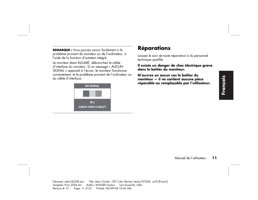 HP FS7600 manual Réparations 