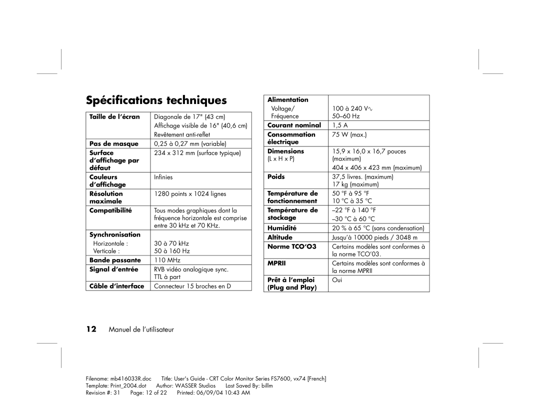 HP FS7600 manual Spécifications techniques 