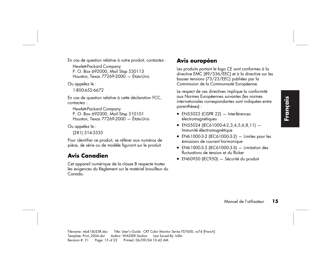 HP FS7600 manual Avis Canadien, Avis européen 