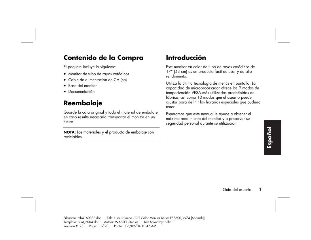 HP FS7600 manual Contenido de la Compra, Reembalaje, Introducción 