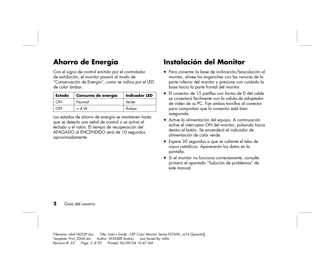 HP FS7600 manual Ahorro de Energía, Instalación del Monitor 