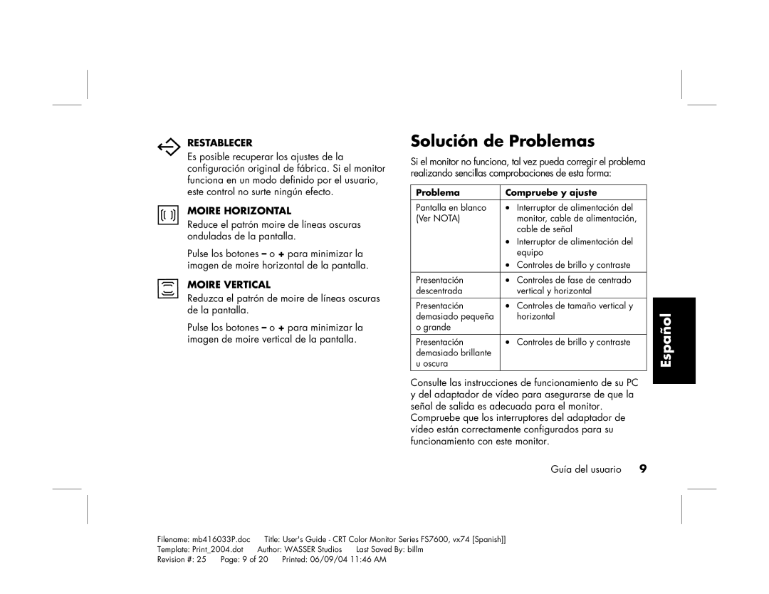 HP FS7600 manual Solución de Problemas, Restablecer 