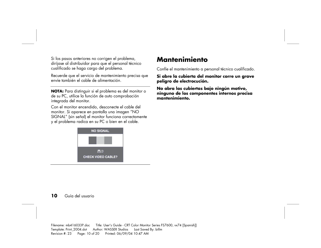 HP FS7600 manual Mantenimiento, 10 Guía del usuario 