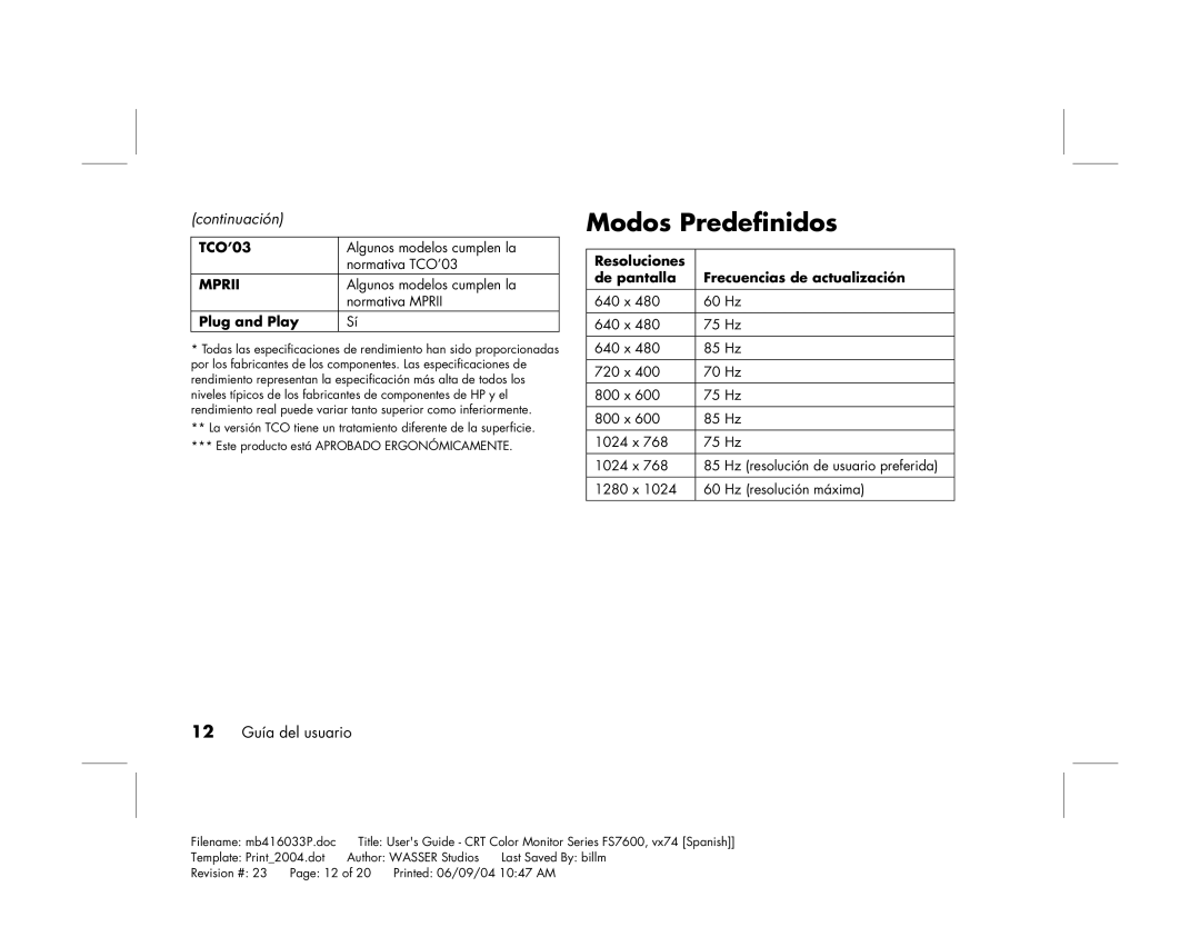 HP FS7600 manual Modos Predefinidos, 12 Guía del usuario 