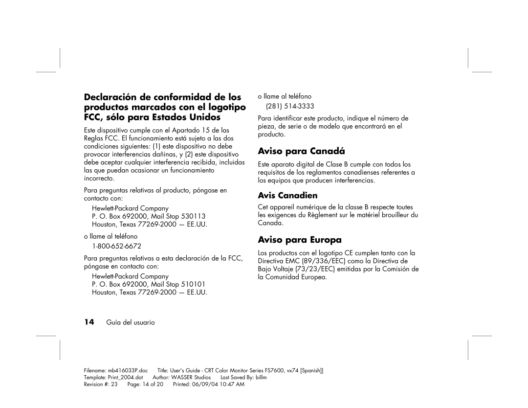 HP FS7600 manual Aviso para Canadá, Aviso para Europa 