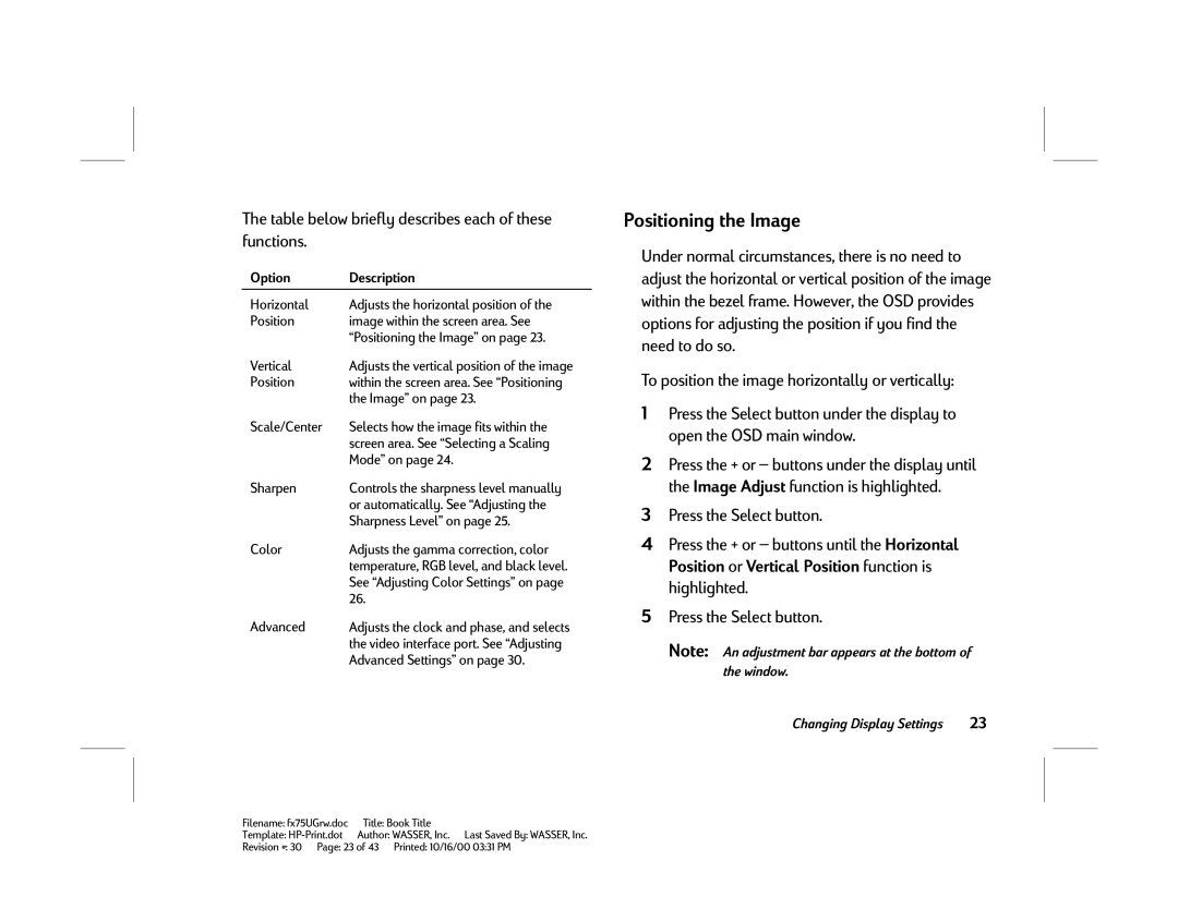 HP FX75 manual Positioning the Image, Table below briefly describes each of these functions 