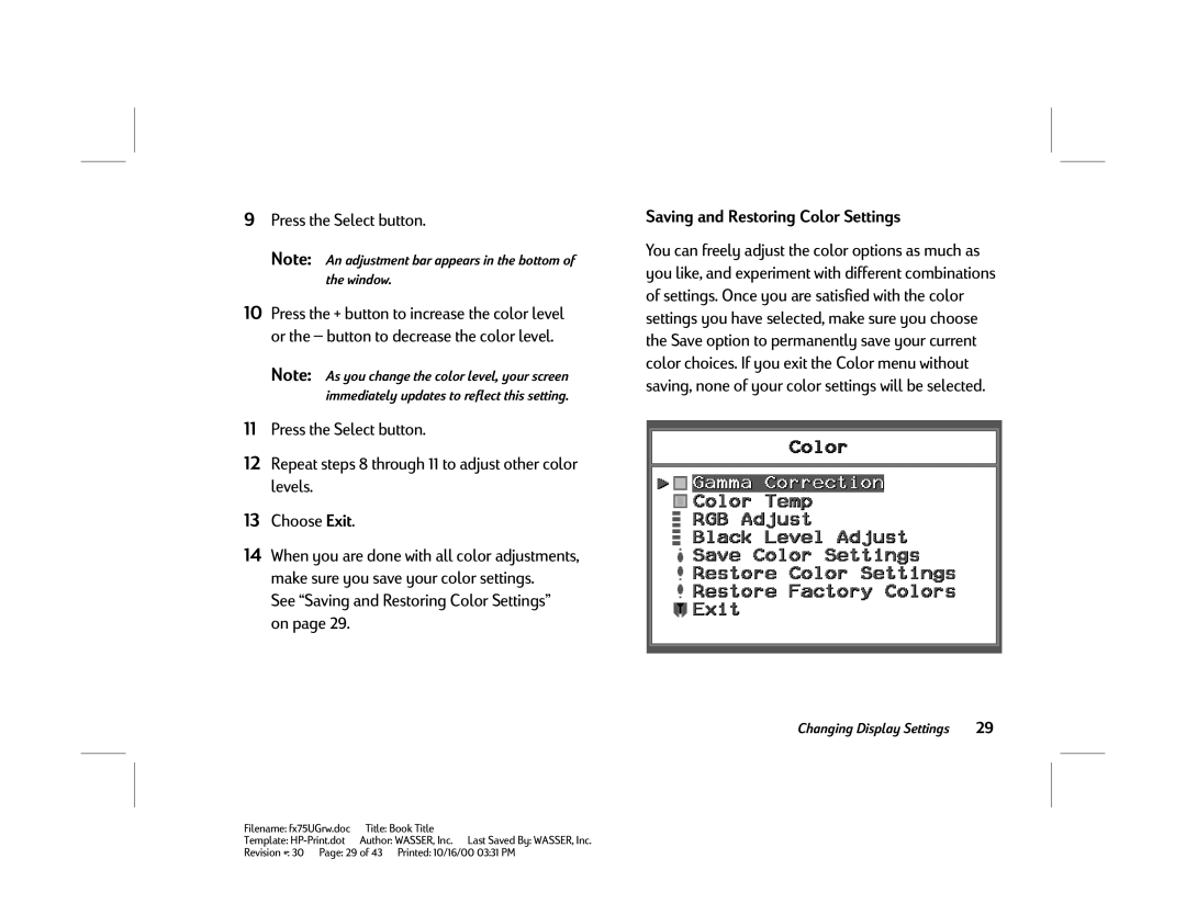 HP FX75 manual Saving and Restoring Color Settings 